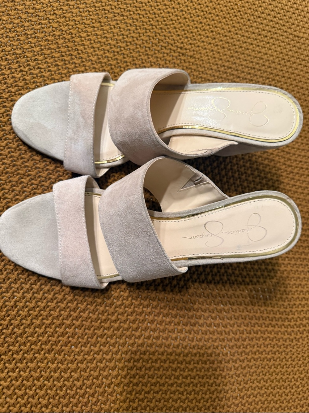 Jessica Simpson Pale Taupe Suede Two-Band Slide Mules